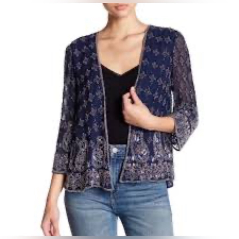 Calypso St. Barth Dapis Silk Embellished Blue Beaded Evening Jacket, Large